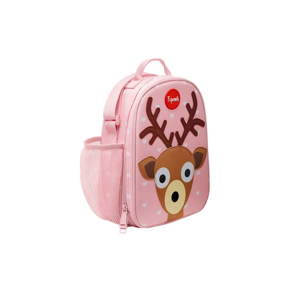 Lunch bag 3 Sprouts pink with reindeer face graphic and side mesh pocket