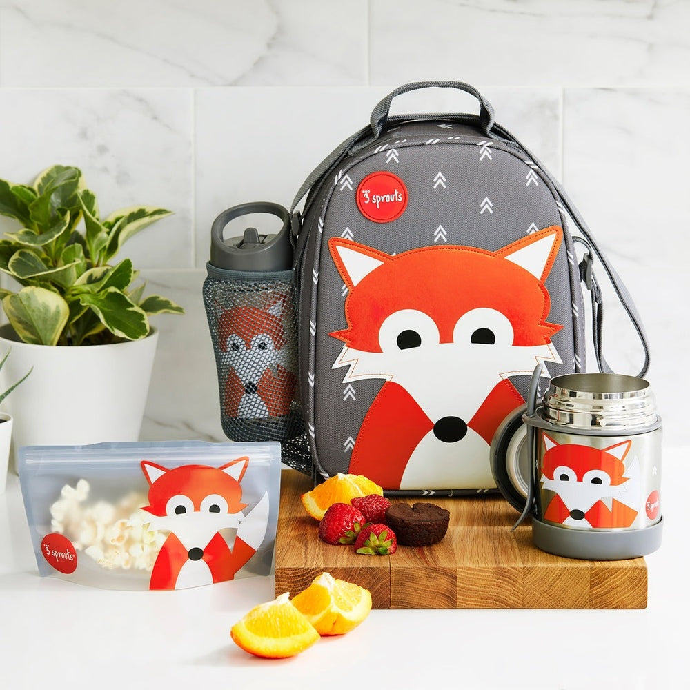 3 Sprouts lunch bag with orange fox graphic on gray chevron, includes matching bottle sleeve and snack bag