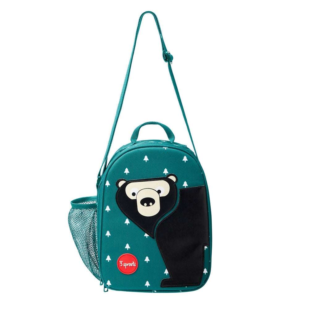 3 Sprouts lunch bag teal with bear graphic, white tree pattern, black front panel, mesh side pocket
