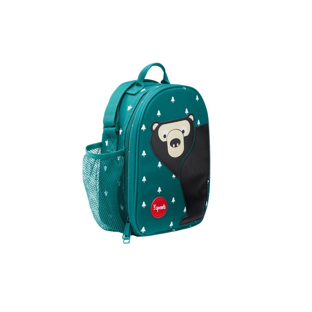 3 Sprouts lunch bag in teal with a bear face graphic and a mesh side pocket