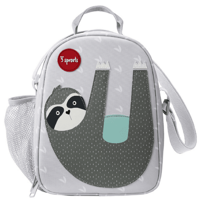3 Sprouts lunch bag with a gray sloth illustration, white trim, and side mesh pocket