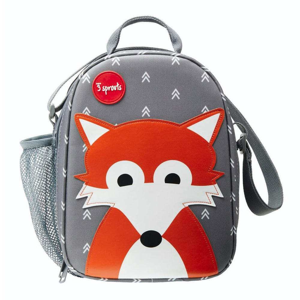 3 Sprouts lunch bag gray with white fox face, orange accents, and side mesh pocket