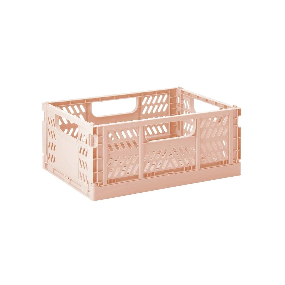 3 Sprouts Modern Folding Crate in clay pink with lattice panels and handle cutouts