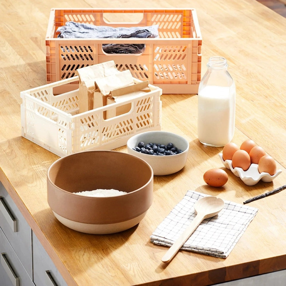 3 Sprouts Modern Folding Crate Cream storage crate; cream color, lightweight and stackable for nursery organization.