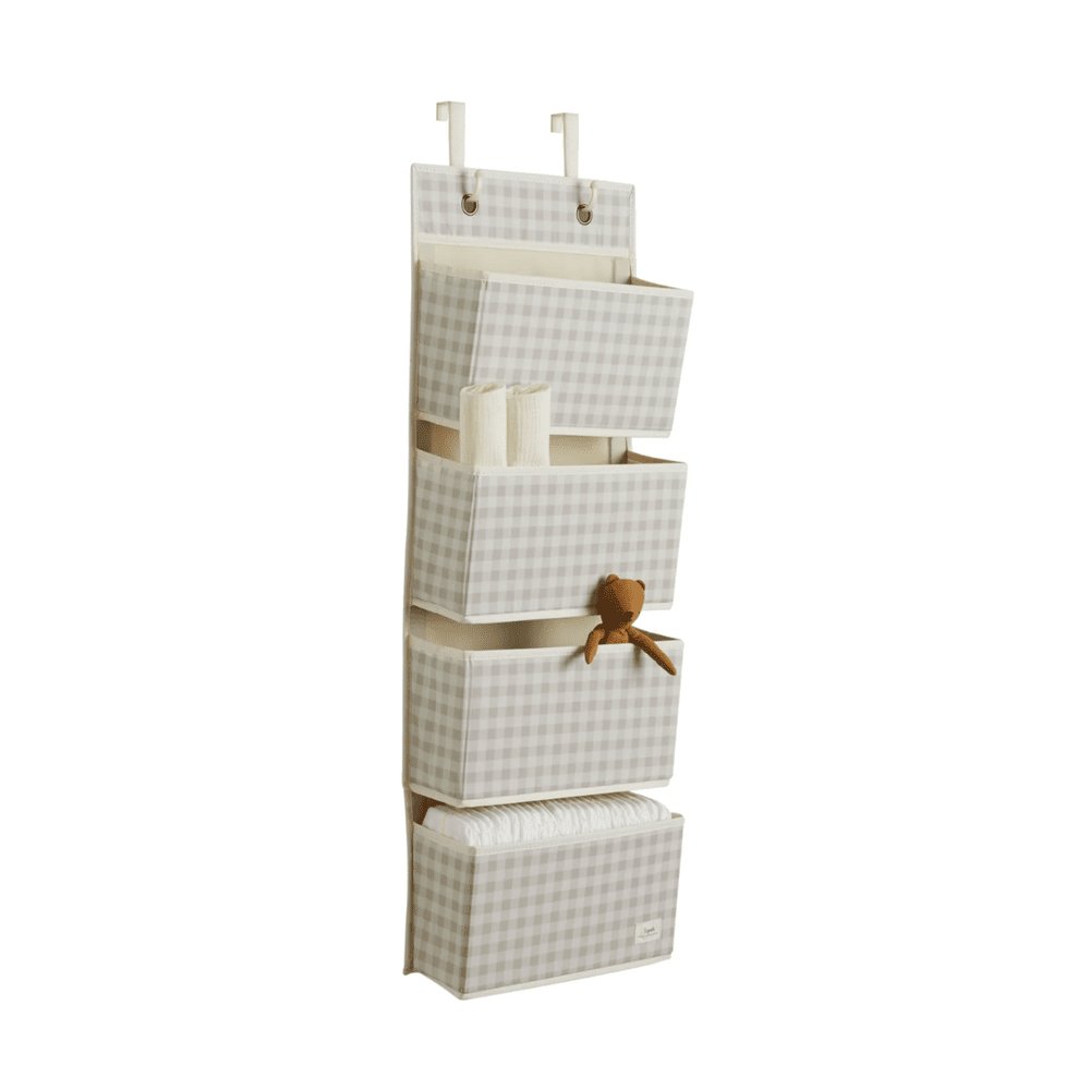 3 Sprouts gingham beige over-the-door fabric organizer with multiple pockets for nursery storage