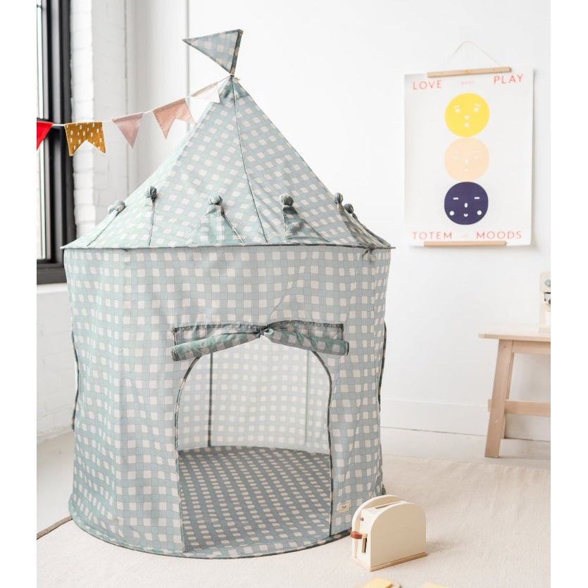 3 Sprouts Recycled Fabric Play Tent Castle in blue check with peaked roof, open doorway, bunting.