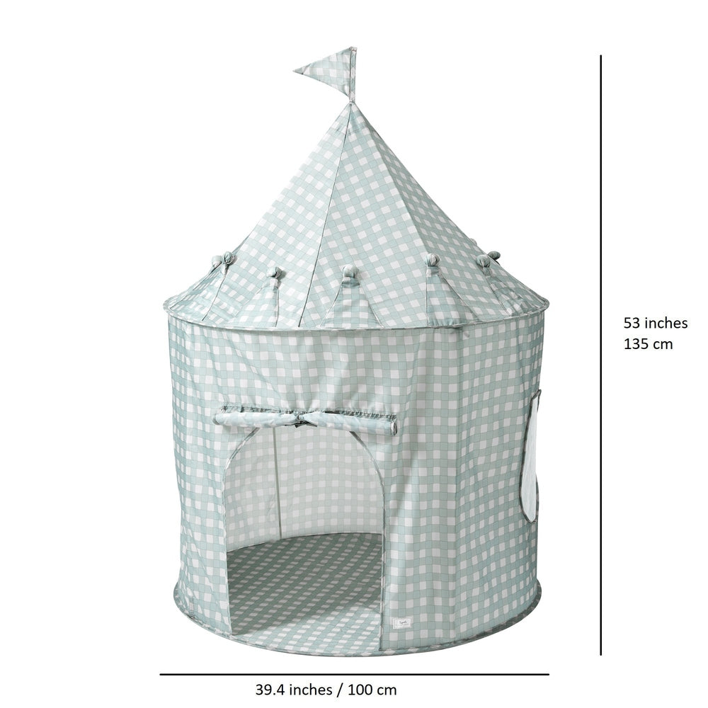 3 Sprouts Recycled Fabric Play Tent Castle, mint gingham, open doorway shows roomy round play area.