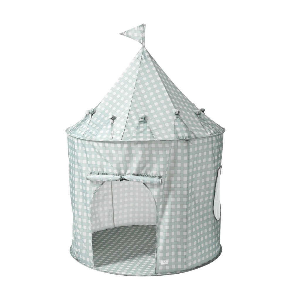 3 Sprouts Recycled Fabric Play Tent Castle in mint gingham, cone roof with flag and open arched doorway.