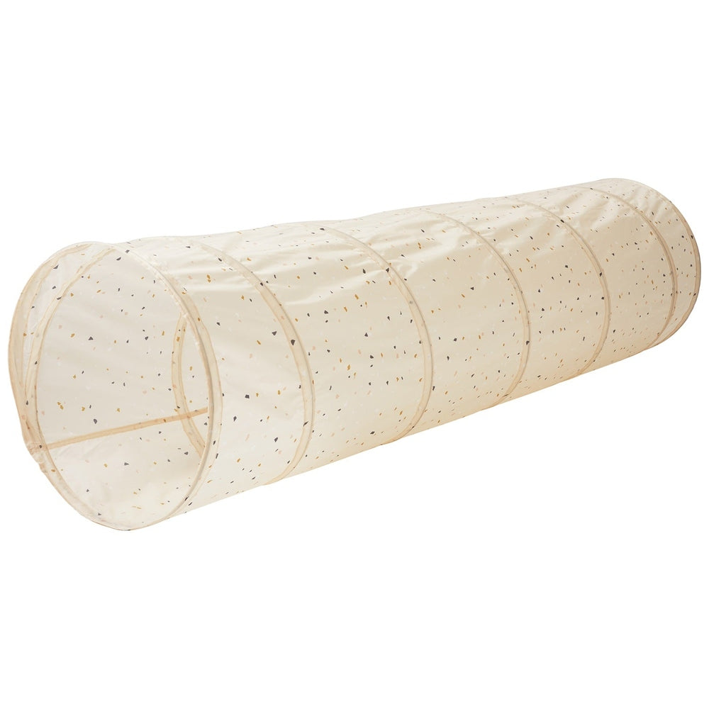 3 Sprouts recycled fabric play tunnel in beige speckled fabric for kids' indoor/outdoor play