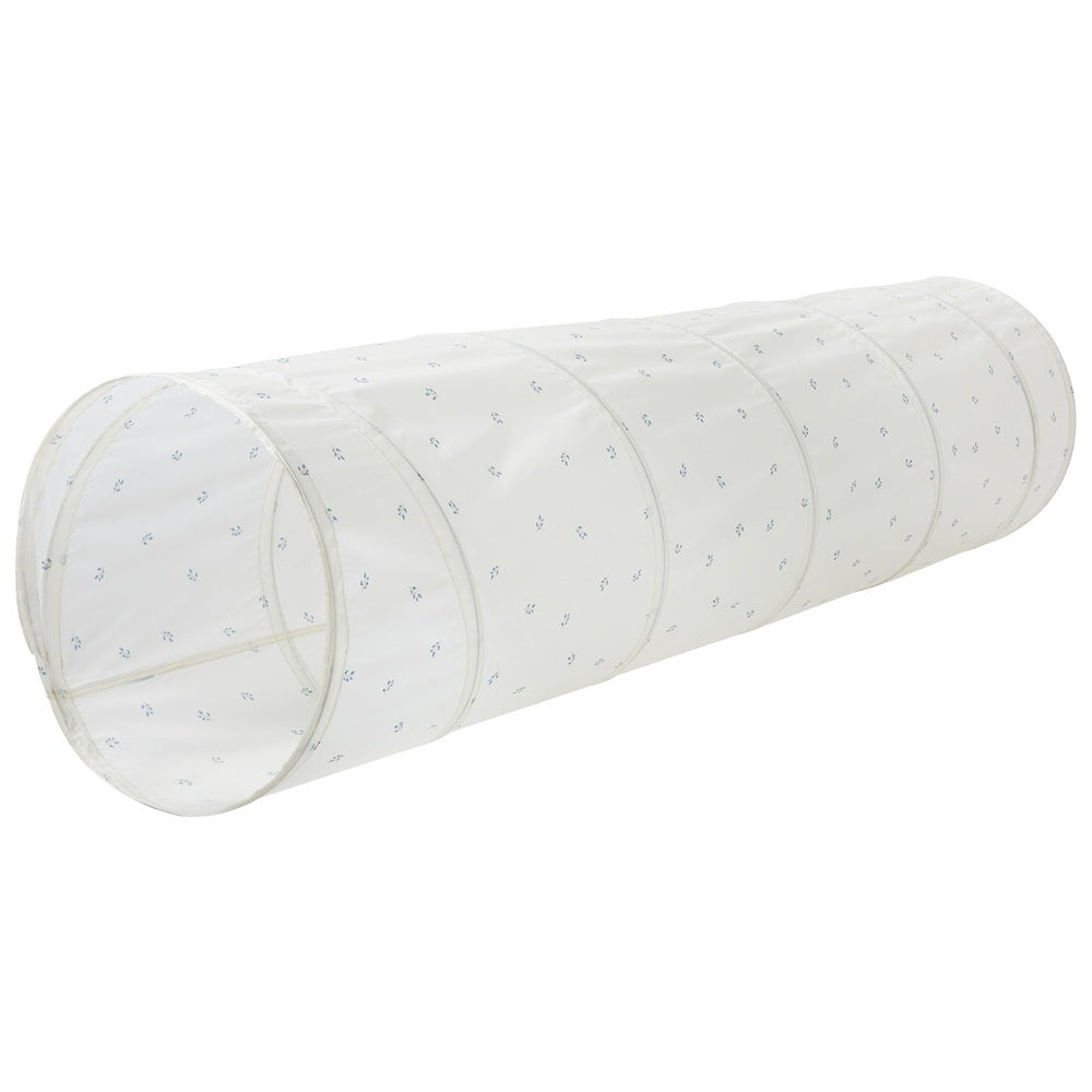 3 Sprouts play tunnel, white recycled fabric with blue dot pattern, indoor/outdoor toddler toy