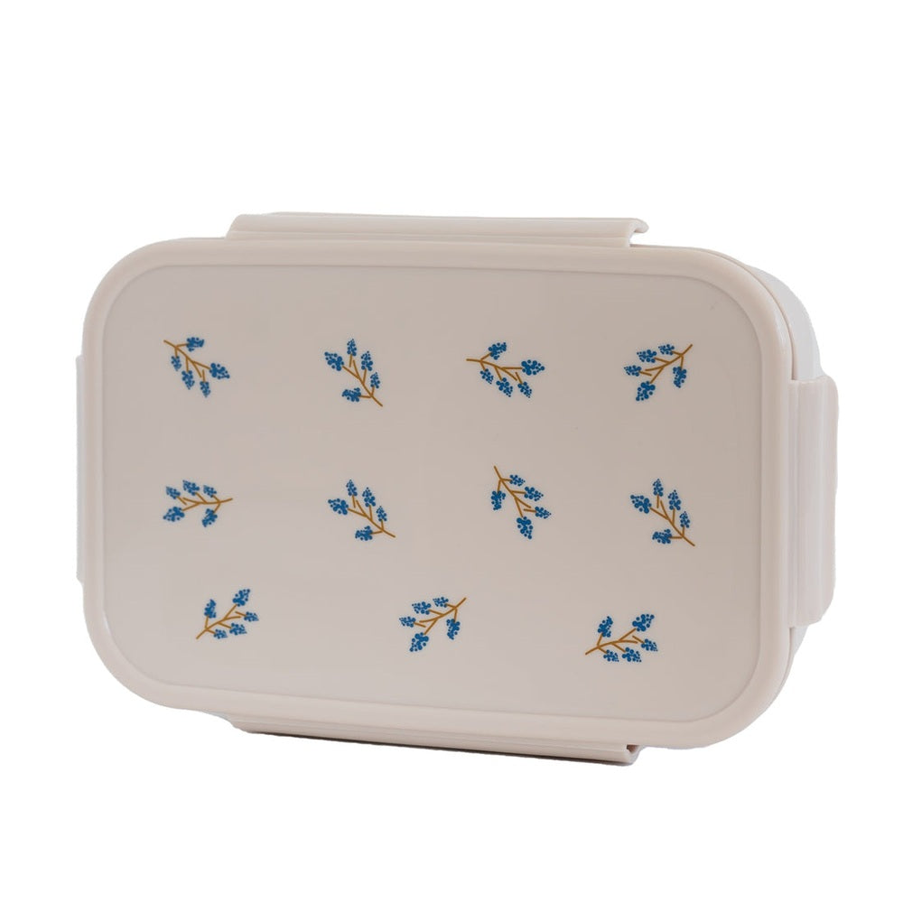 3 Sprouts recycled plastic bento box with white lid featuring blue floral sprig pattern