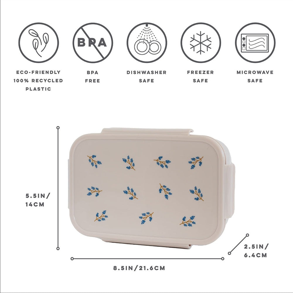 3 Sprouts recycled plastic bento box with beige lid and blue floral print, lunch box