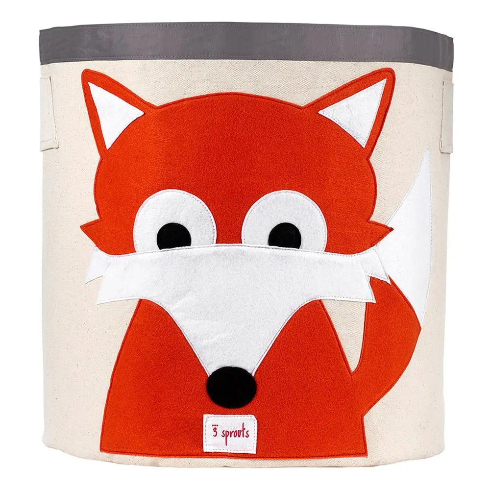 3 Sprouts Storage Bin with red fox graphic on beige canvas and gray top, standing upright.