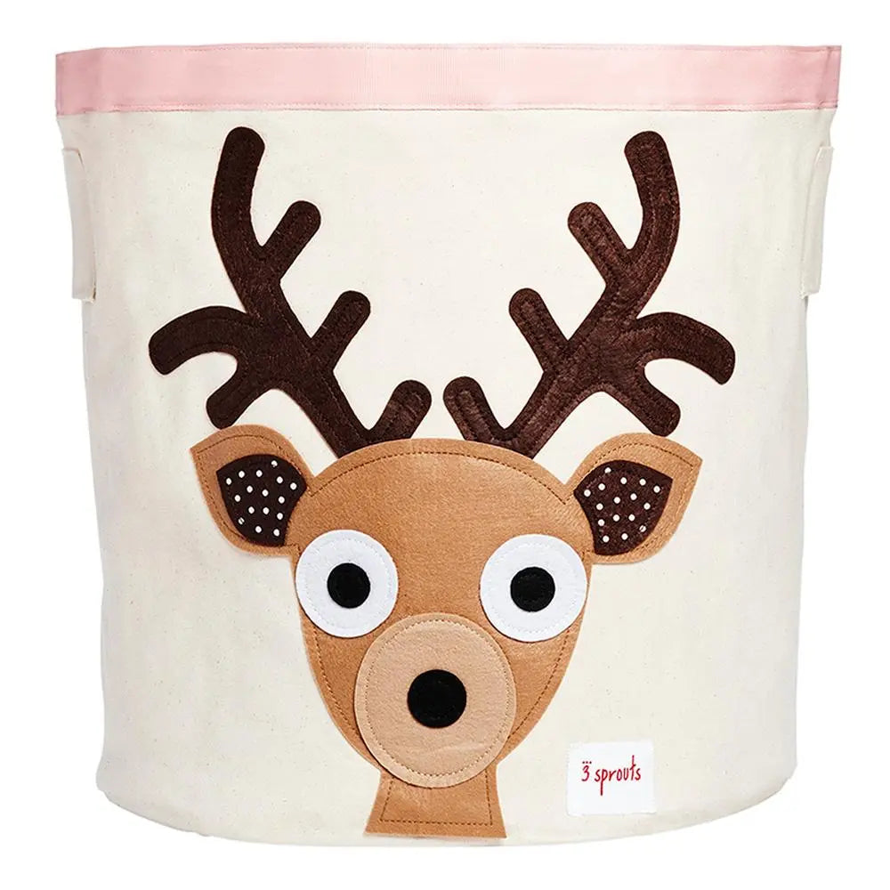 3 Sprouts Storage Bin with pink trim, beige deer face applique, canvas fabric, and side handles for easy toy storage