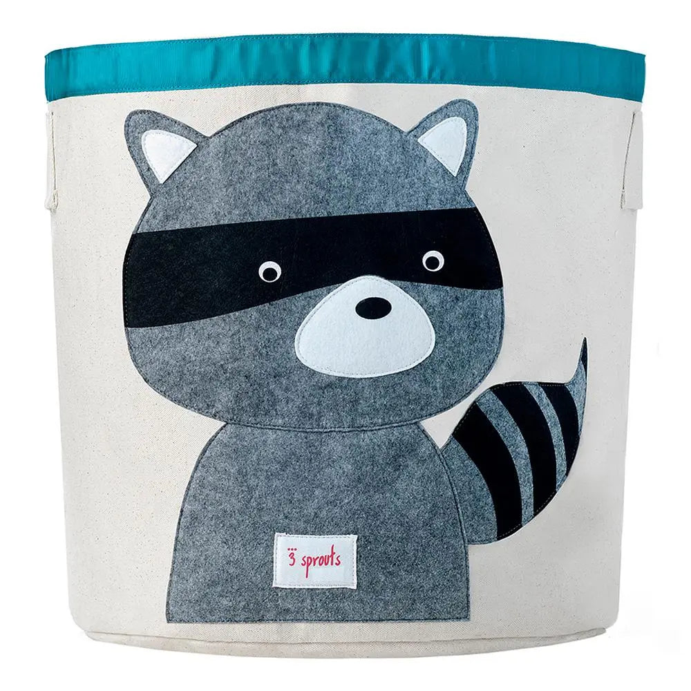 3 Sprouts Storage Bin with a gray raccoon illustration and teal rim, kid-friendly home organizer