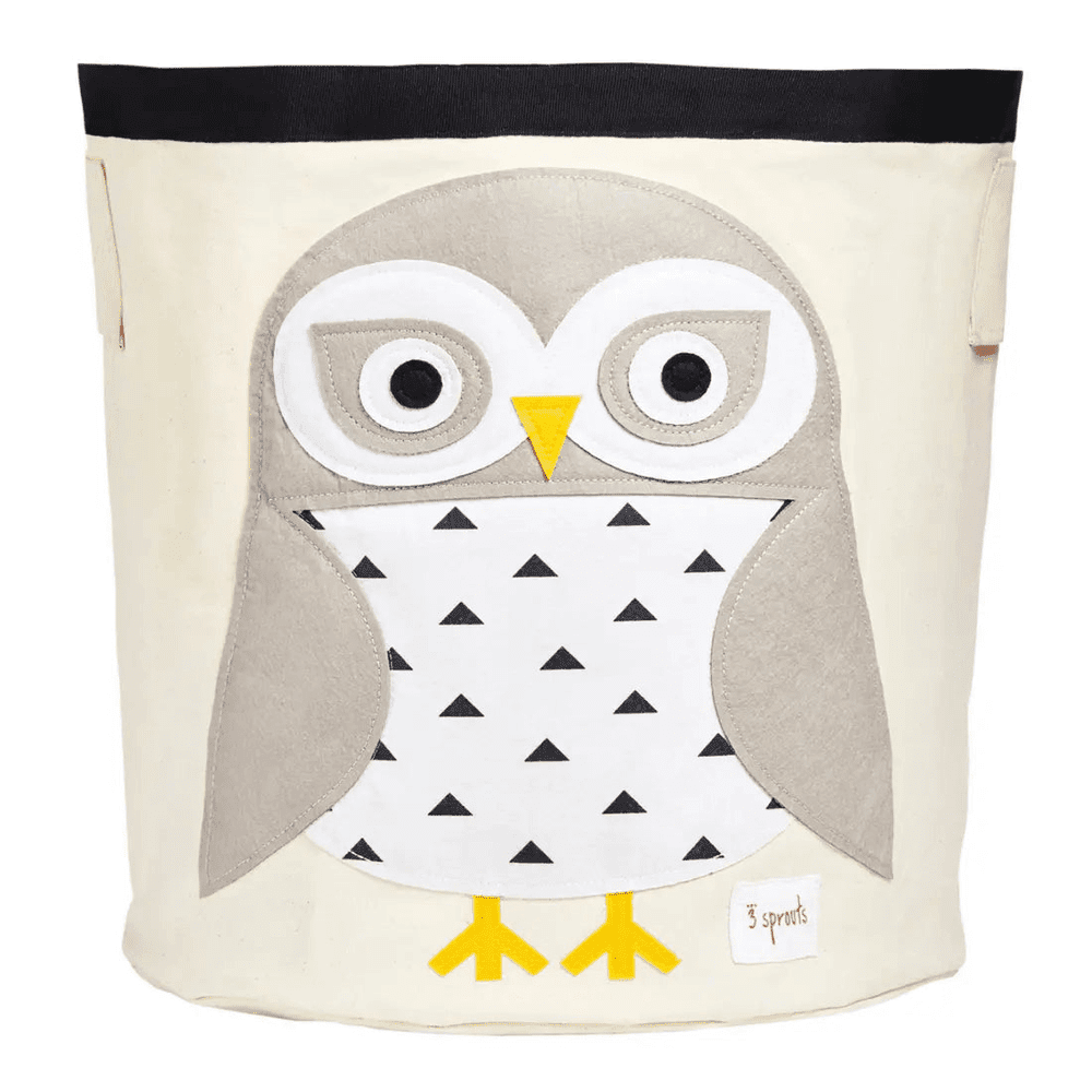 3 Sprouts Storage Bin with beige owl applique on cream fabric, side handles for easy carrying.