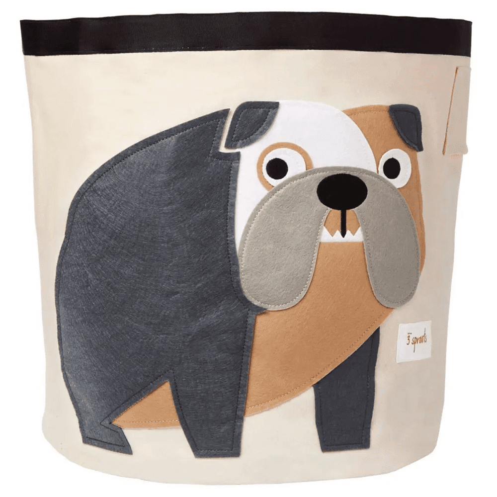 3 Sprouts Storage Bin in beige canvas with a large stitched dog applique, stands upright as a cozy organizer.