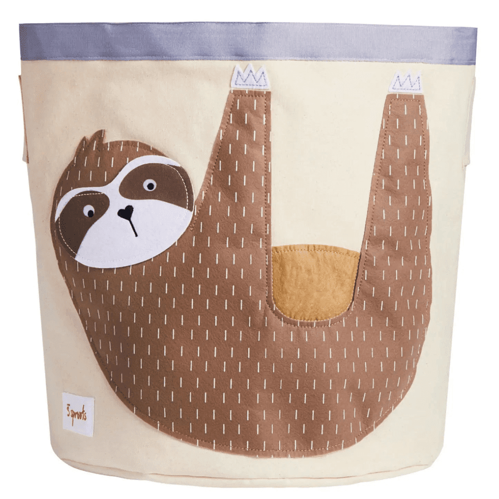 3 Sprouts Storage Bin with brown sloth applique on beige canvas and blue top edge, ideal for toy organization