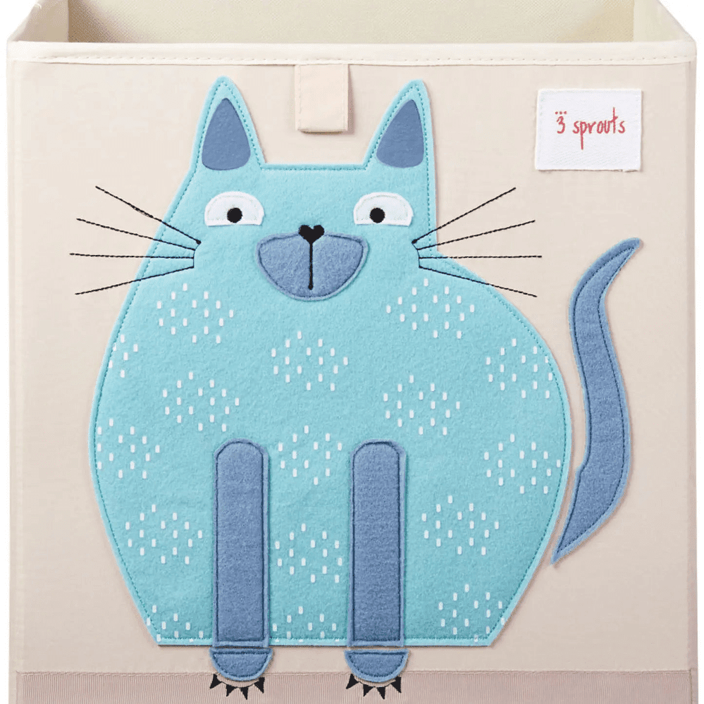 3 Sprouts Storage Box with teal cat applique on beige fabric, perfect for tidy nursery organization.