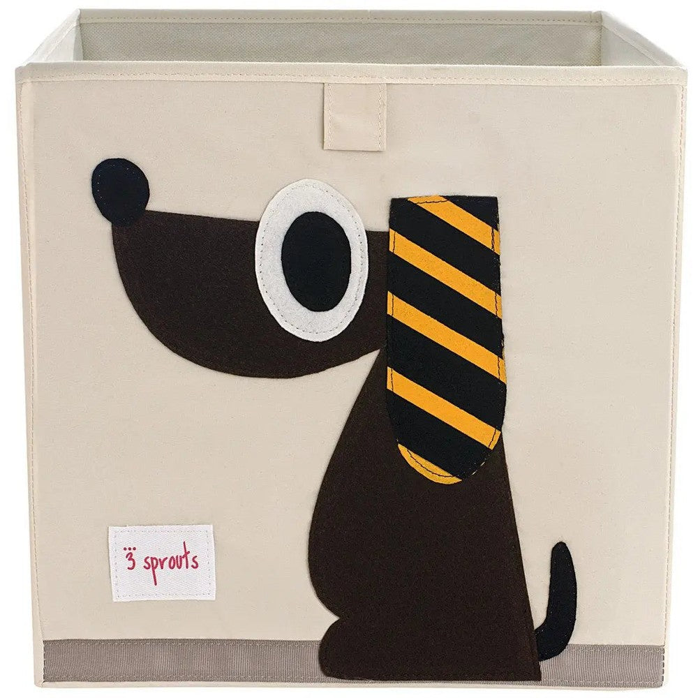 3 Sprouts Storage Box beige with brown dog applique and yellow striped tie, keeps nursery organized on shelf