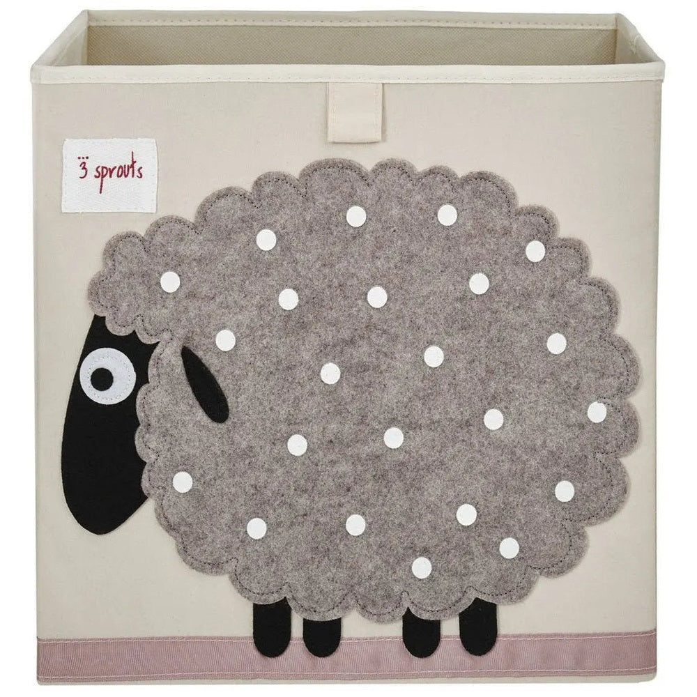 3 Sprouts Storage Box in beige with grey sheep motif and pink trim, open-top nursery organizer.