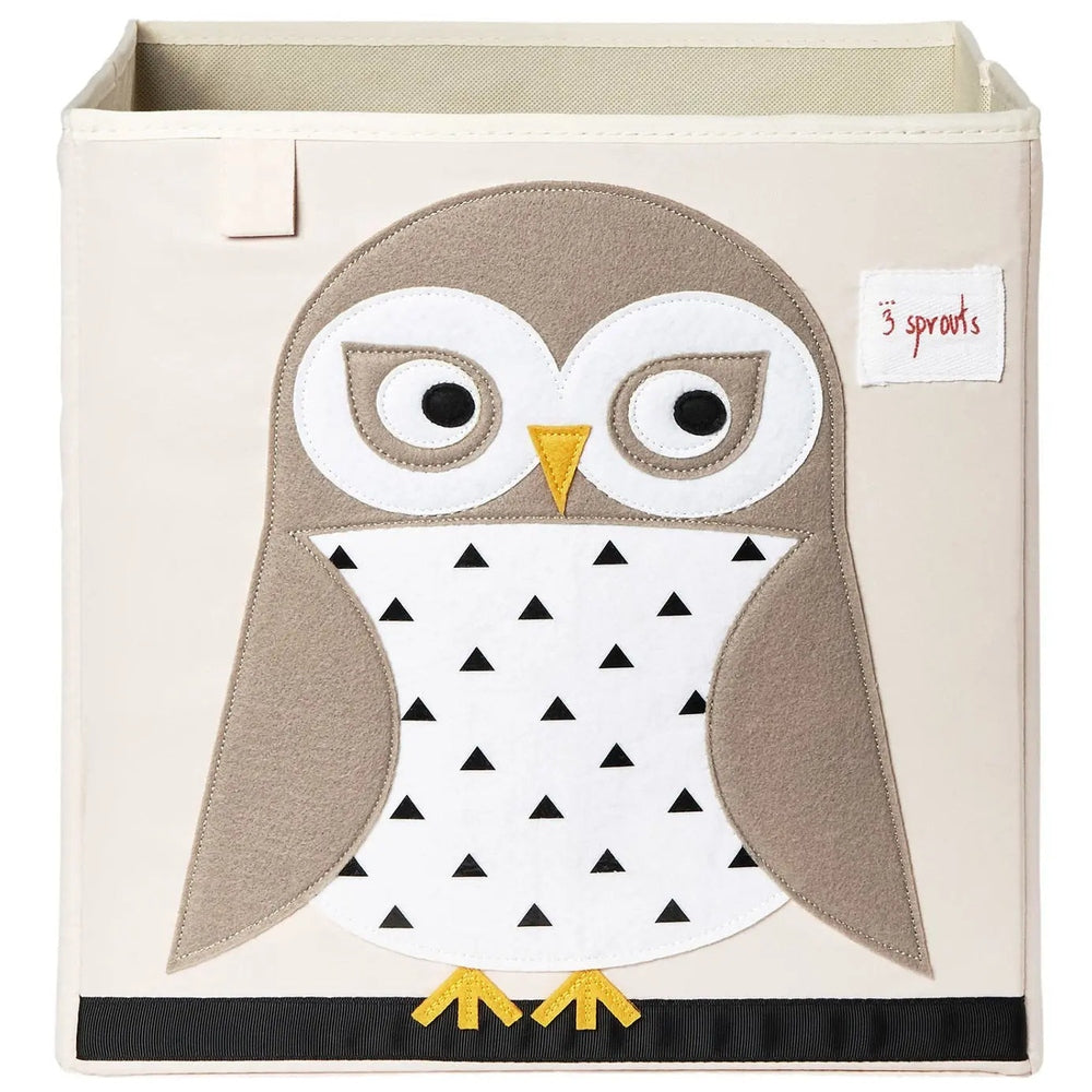3 Sprouts Storage Box with a beige owl applique, cream panels, and a label patch for nursery organization.