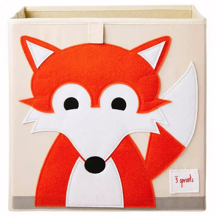 3 Sprouts Storage Box with an orange fox felt applique on beige fabric, designed to keep nursery tidy.