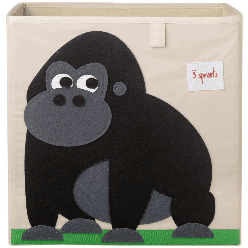 3 Sprouts Storage Box standing upright in beige fabric with a black monkey applique, ready to tidy the nursery.