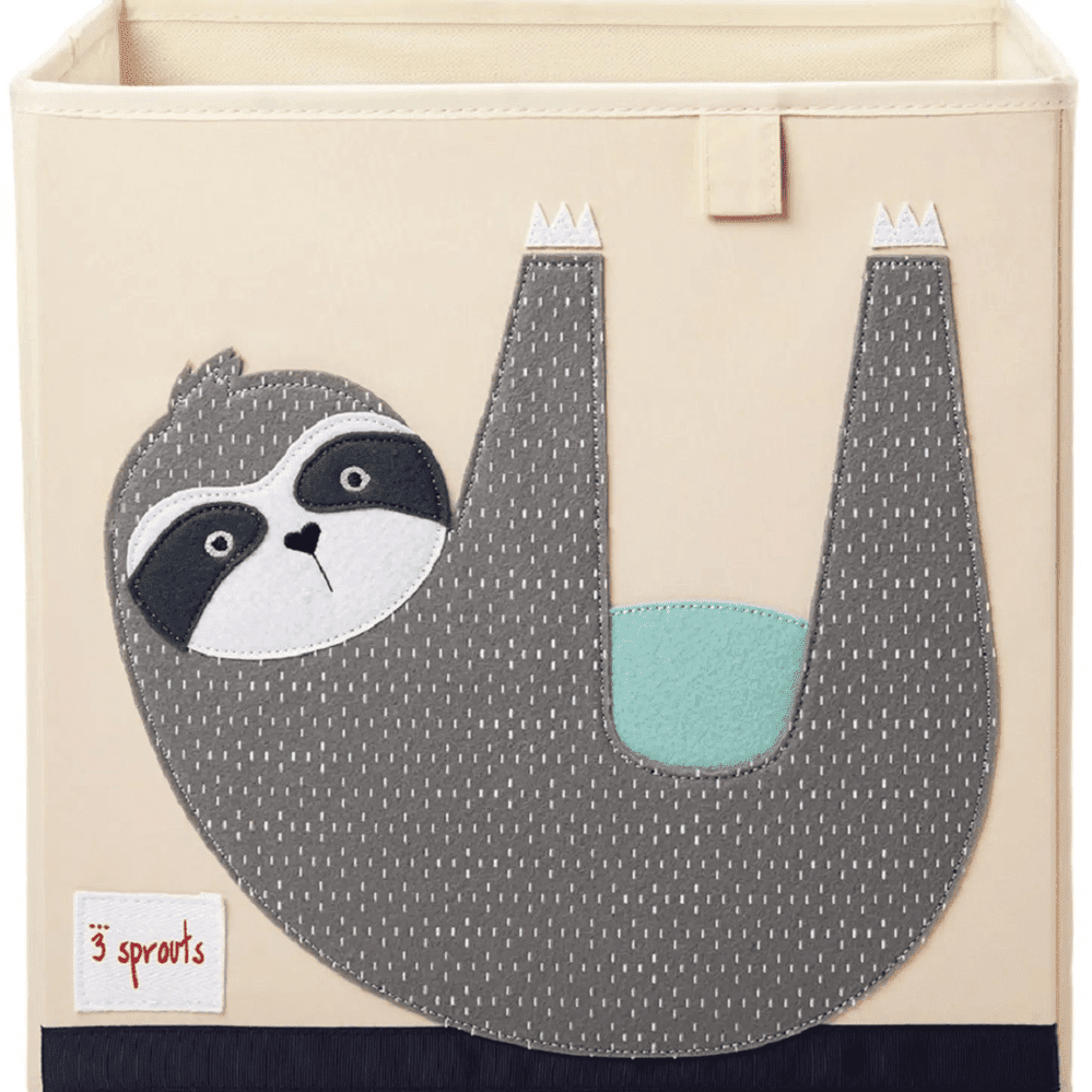 3 Sprouts Storage Box with gray sloth applique, showcasing sturdy beige fabric for neat nursery organization