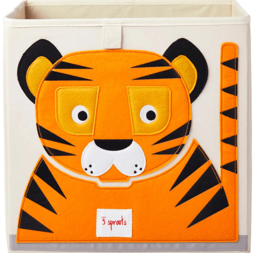 3 Sprouts Storage Box white with orange tiger applique, showing it helps keep the nursery tidy.