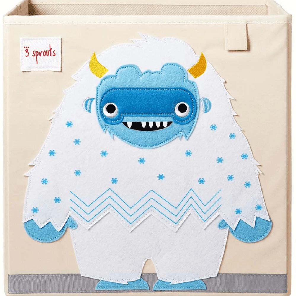 3 Sprouts storage box with a blue monster applique on white felt for nursery organization