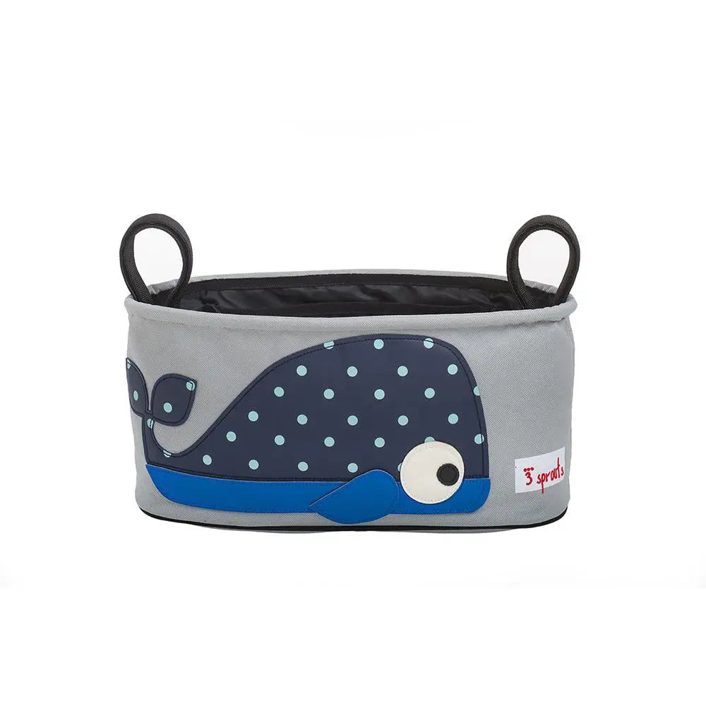 3 Sprouts Stroller Organizer in gray with navy whale graphic; shows attachment loops and inner storage.