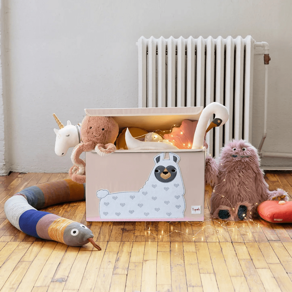 3 Sprouts Toy Chest pink with llama graphic, lid open and plush unicorn, llama, and fairy lights inside