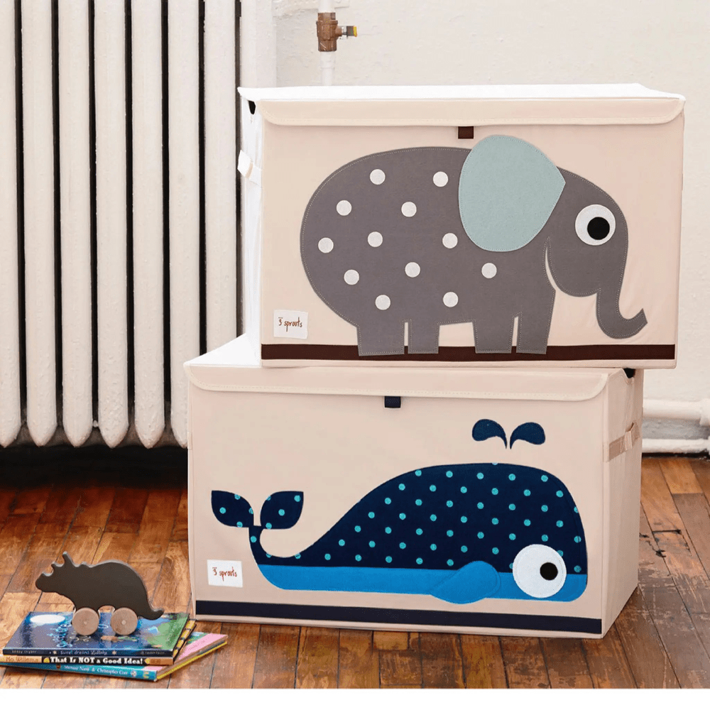 3 Sprouts Toy Chest: beige fabric chests stacked, featuring a gray polka-elephant and blue polka whale artwork.