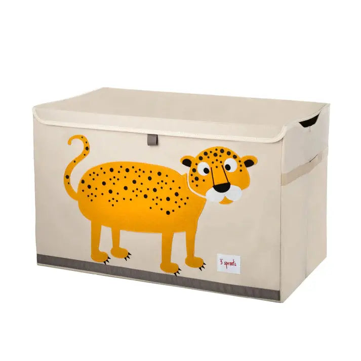 3 Sprouts Toy Chest in beige fabric with a yellow leopard graphic; lid closed and gray trim base.