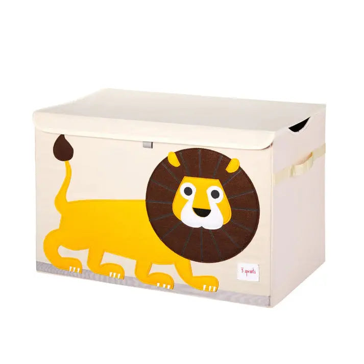 3 Sprouts Toy Chest with beige fabric and a bold yellow lion print, lid closed.