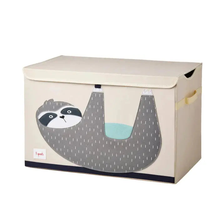 3 Sprouts Toy Chest in beige fabric with gray sloth graphic and teal pocket; lid keeps toys tucked away.