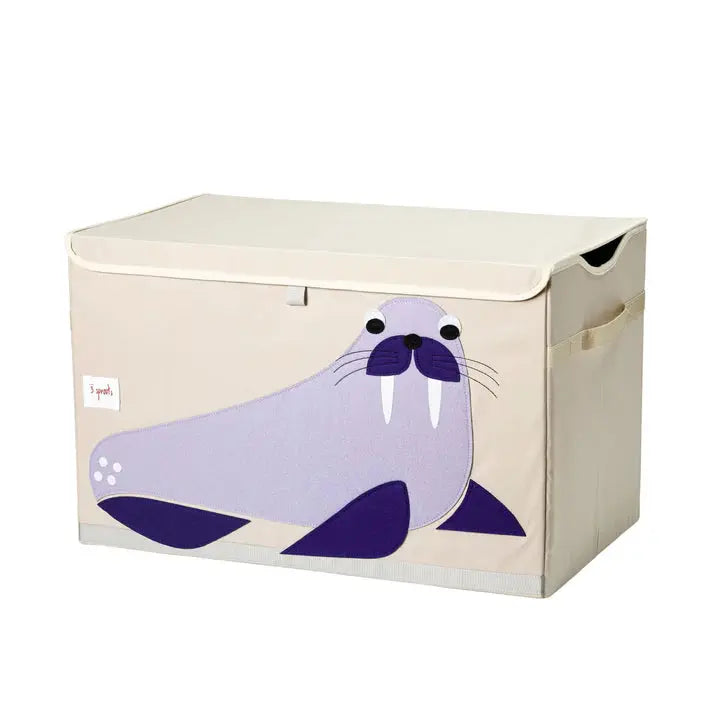 3 Sprouts Toy Chest in beige fabric with a purple walrus graphic and a top-hinged lid for neat toy storage.