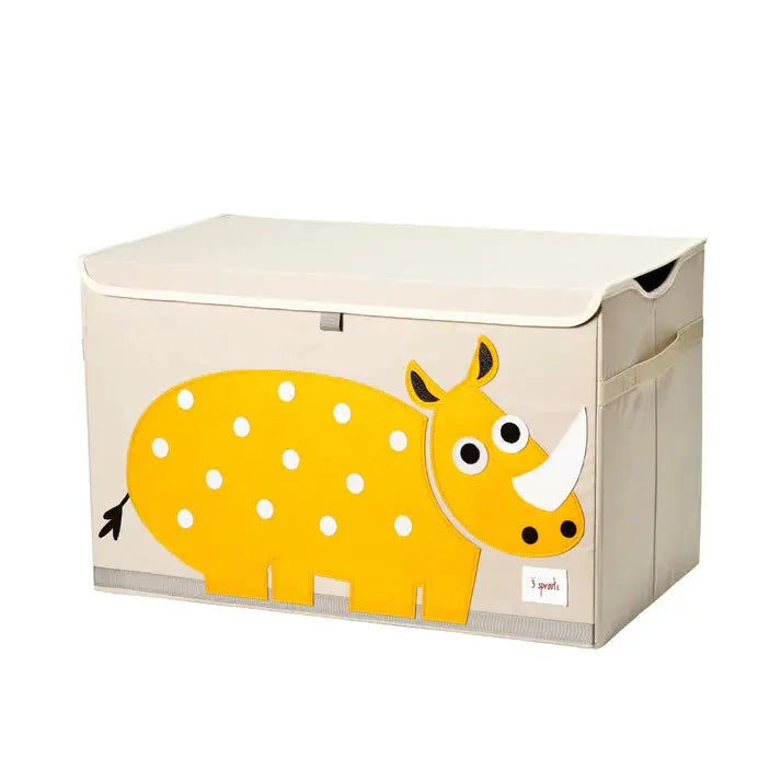3 Sprouts Toy Chest beige with a yellow polka-dotted rhinoceros illustration; lid closed and side pocket visible.