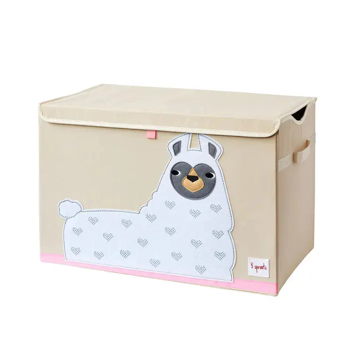 3 Sprouts Toy Chest in beige fabric with pink trim and llama applique, lid closed to keep toys organized.