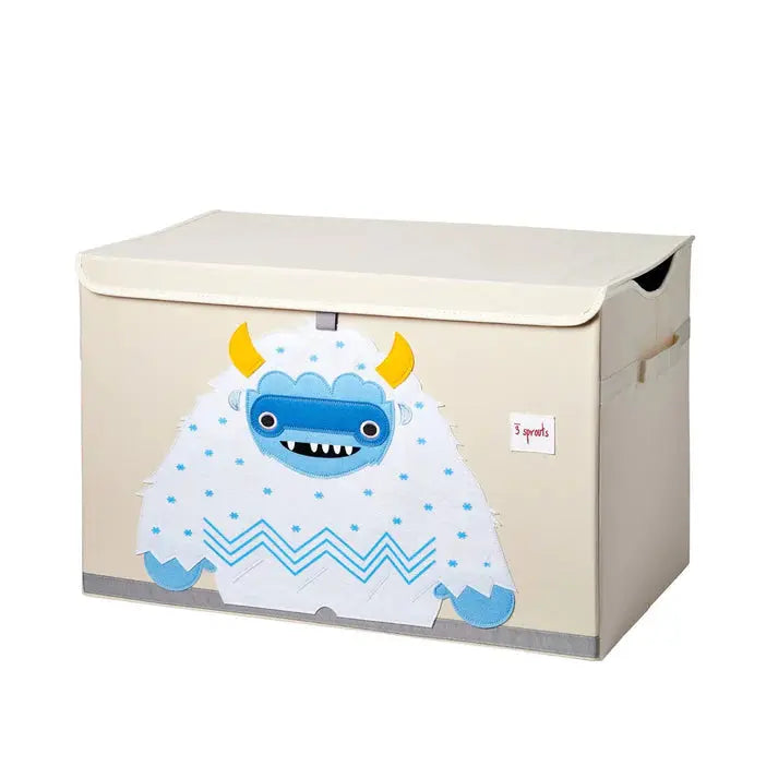 3 Sprouts Toy Chest in beige with blue monster graphic and hinged lid for easy storage