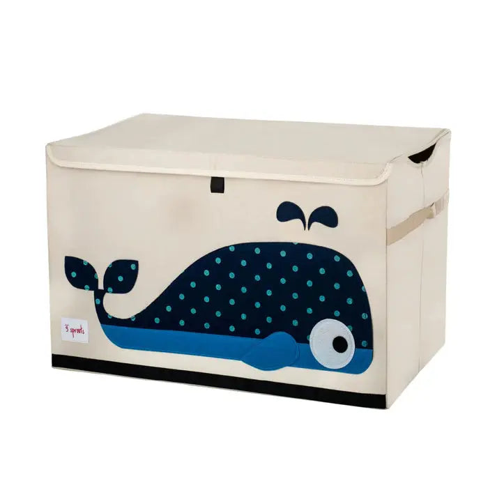 3 Sprouts Toy Chest in cream with blue whale print; lid closes to keep toys tidy.