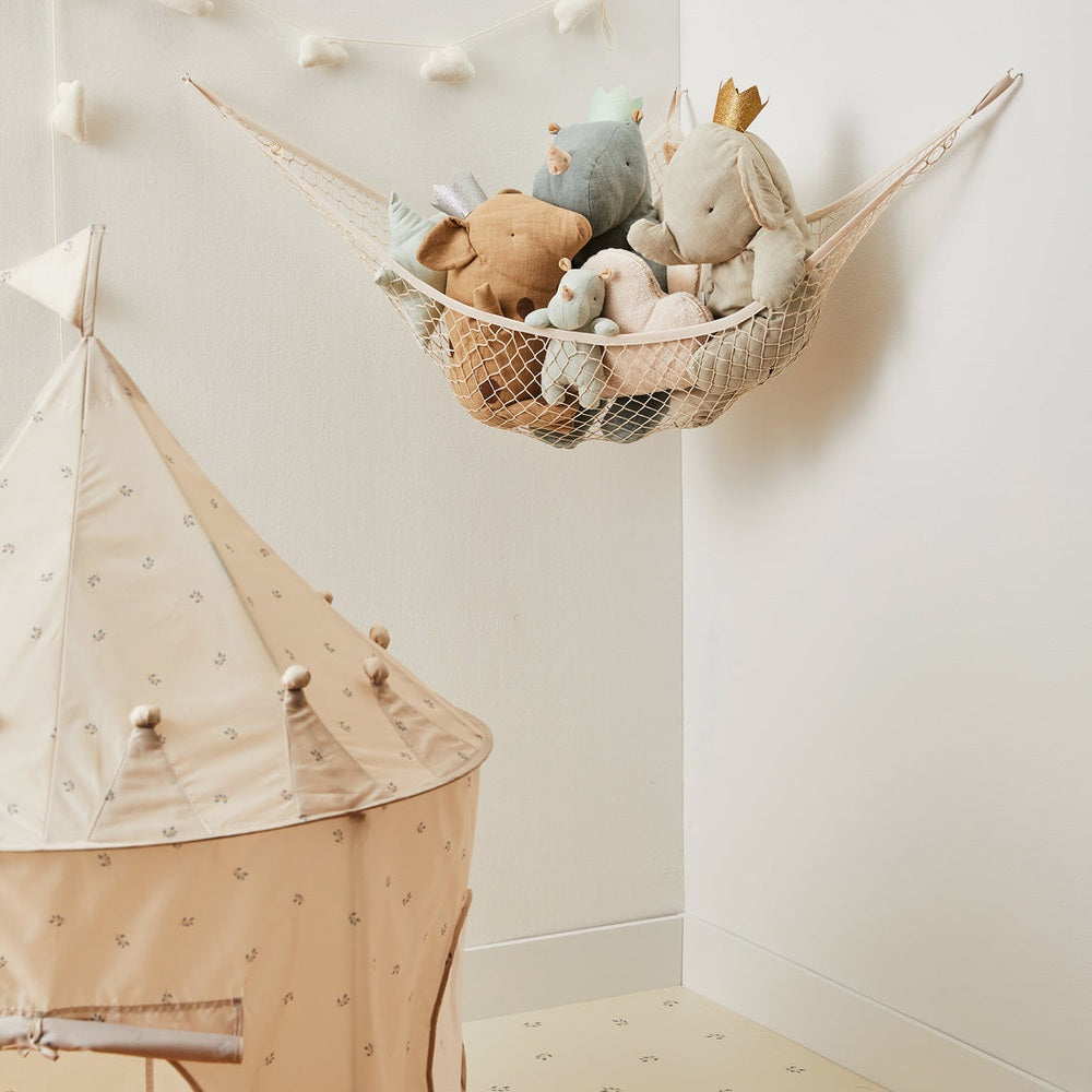 3 Sprouts toy hammock in white mesh with pastel plush animals tucked inside