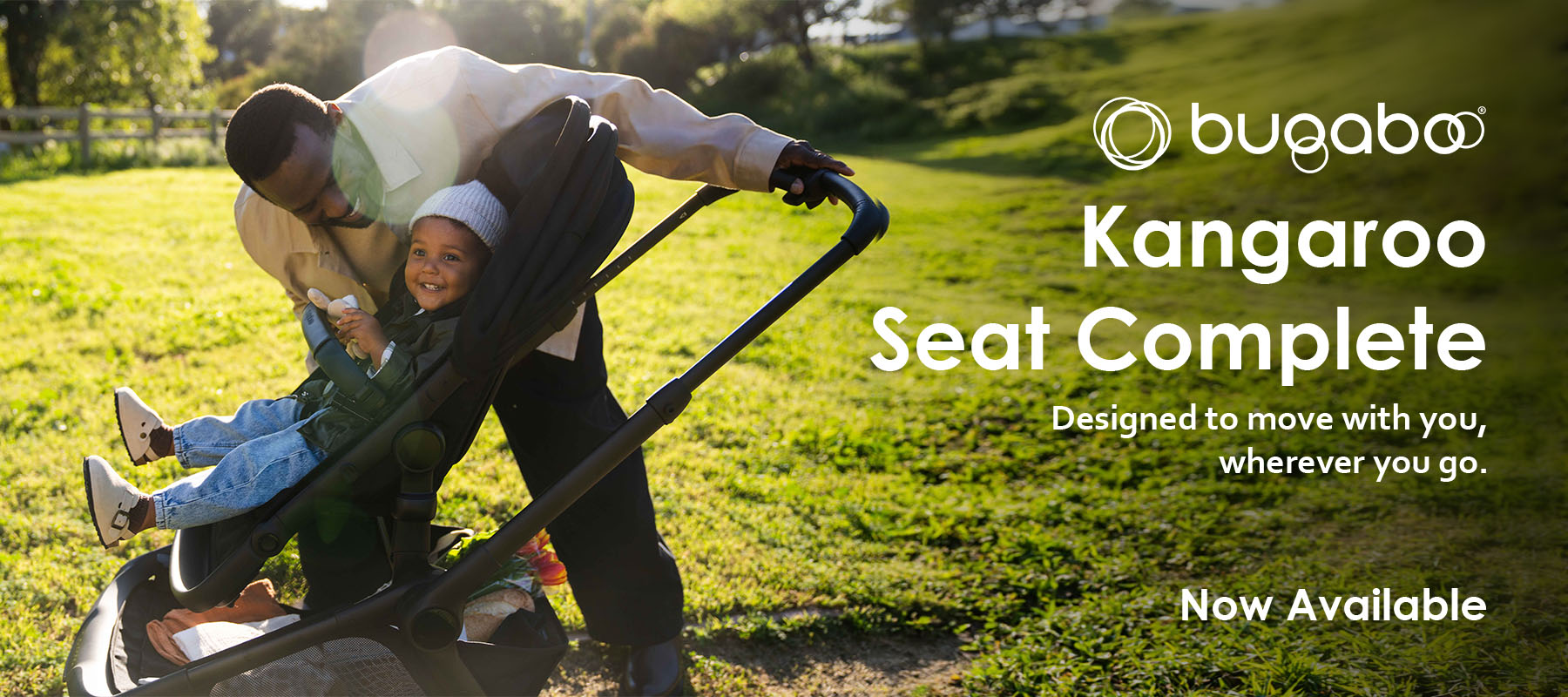 Bugaboo Kangaroo Seat Complete in Black stroller seat with child outdoor lifestyle view