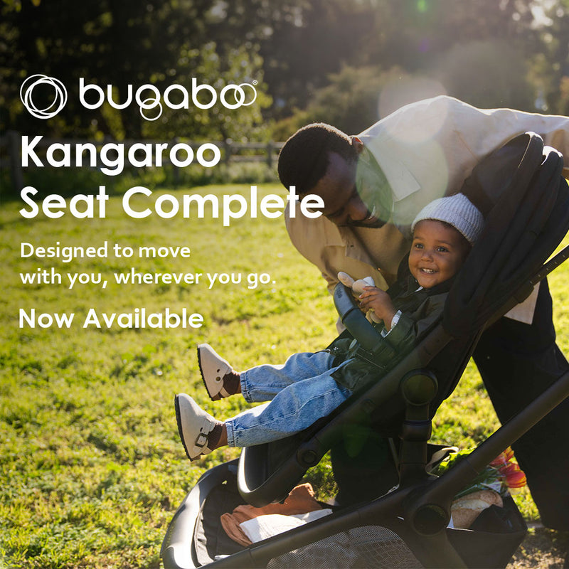 Bugaboo Kangaroo Seat Complete in Black stroller seat with child outdoor lifestyle vertical view