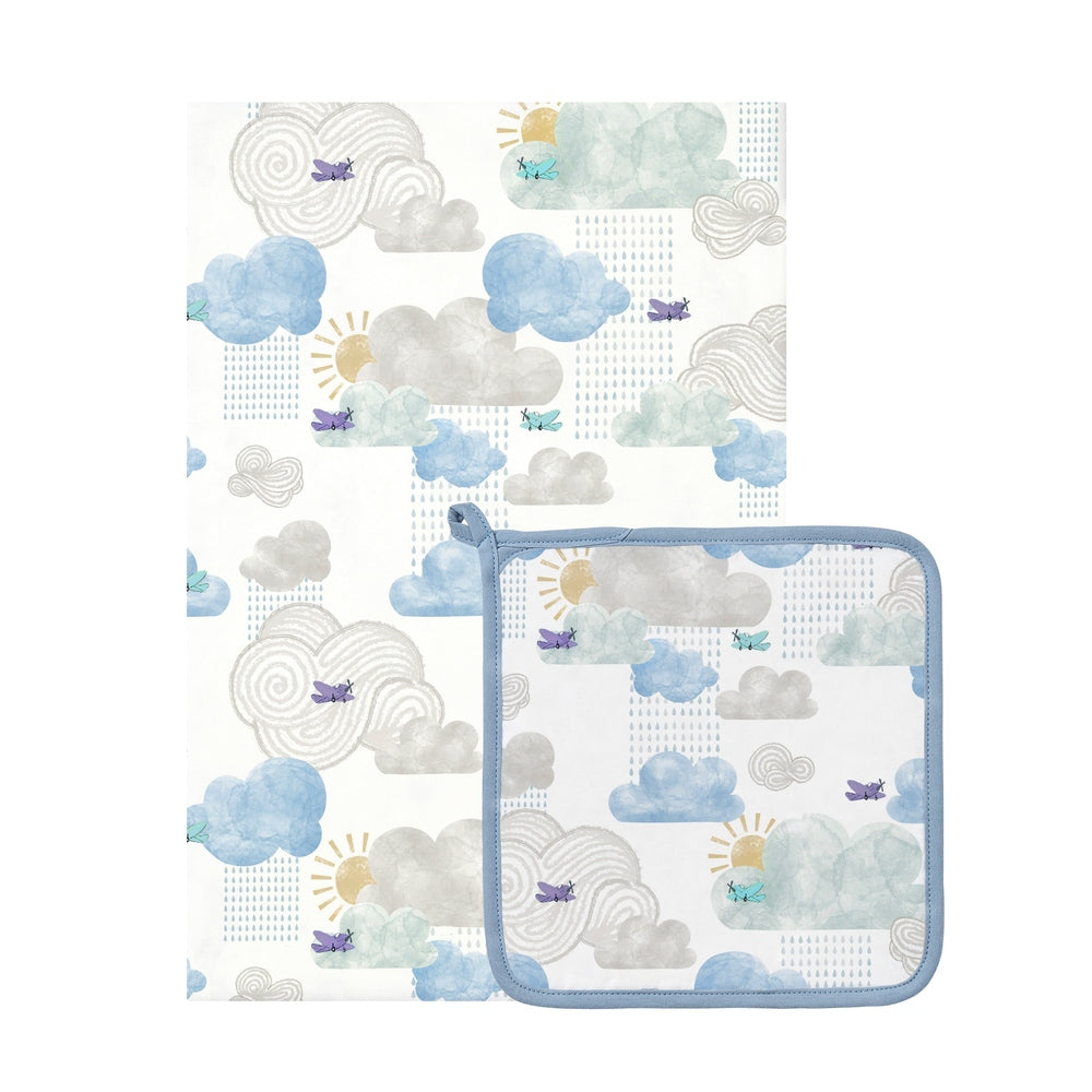 NEST DESIGNS Nest Designs 4 Layer Nesting Baby Blanket Fluffy Puffs Blue piped edges with watercolor clouds and airplane motifs img 1/8