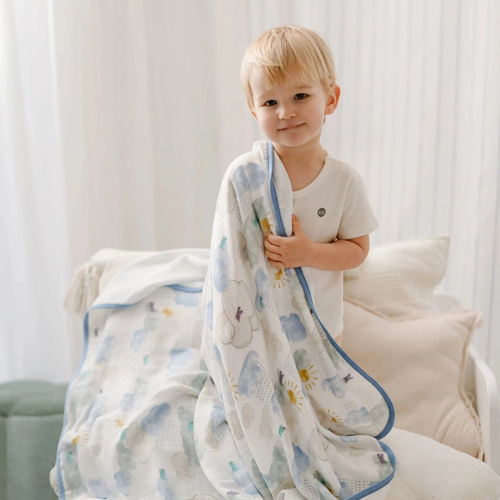 NEST DESIGNS Nest Designs 4 Layer Nesting Baby Blanket Fluffy Puffs blue piped edge trim with clouds, suns, and rainbow print img 2/8