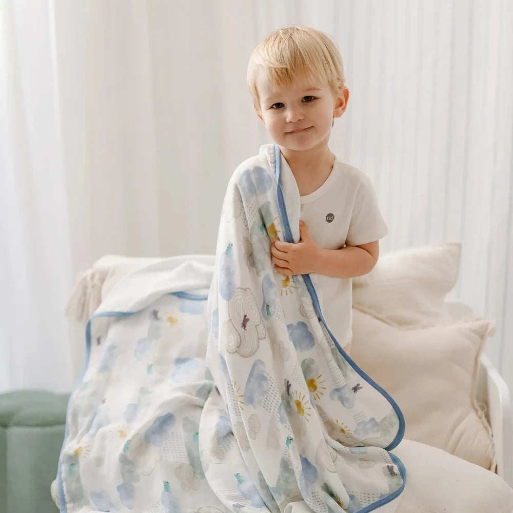NEST DESIGNS Nest Designs 4 Layer Nesting Baby Blanket Fluffy Puffs blue piped edge trim with clouds, suns, and rainbow print img 2/8