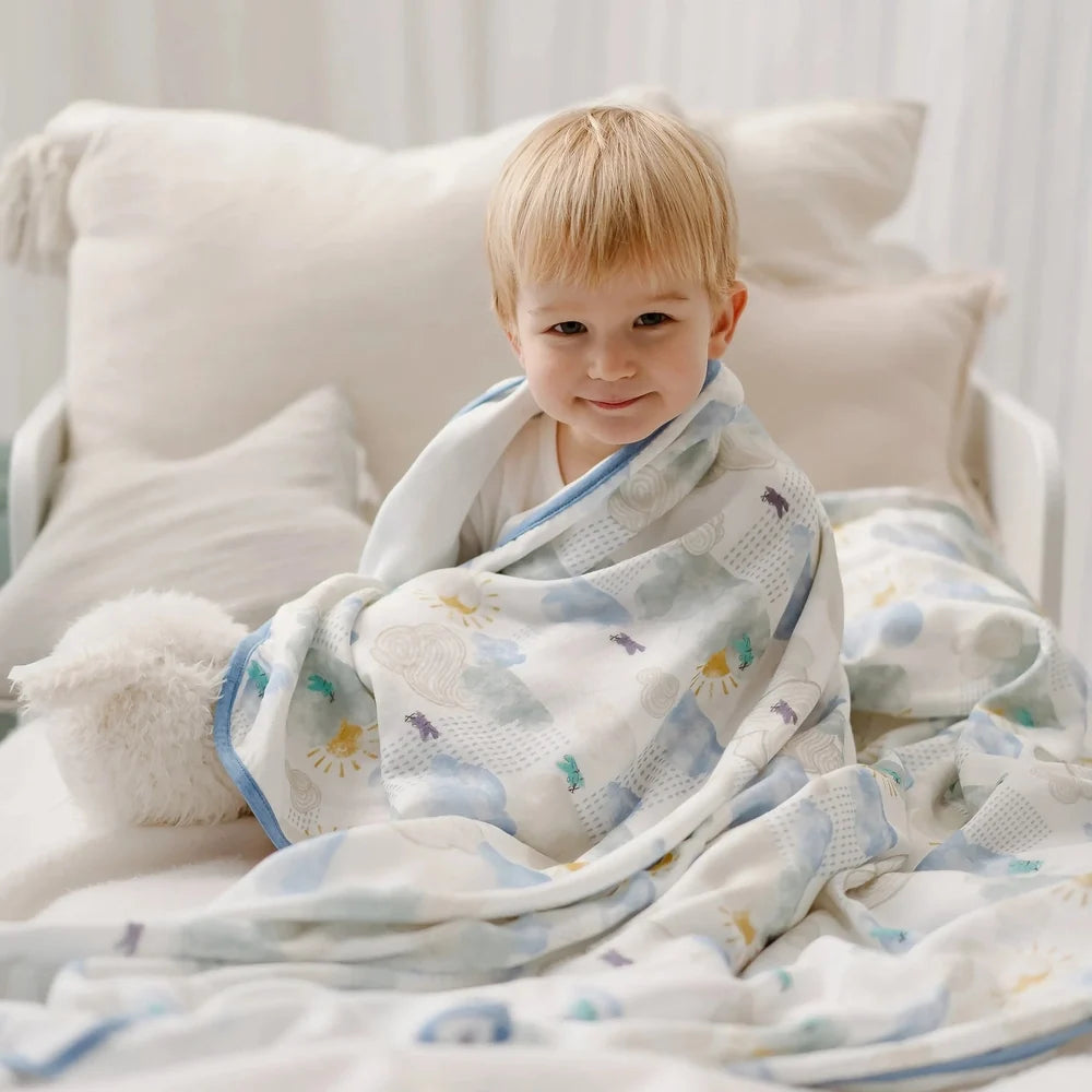 NEST DESIGNS Nest Designs 4 Layer Nesting Baby Blanket Fluffy Puffs weather print with clouds and suns, blue binding trim img 4/8