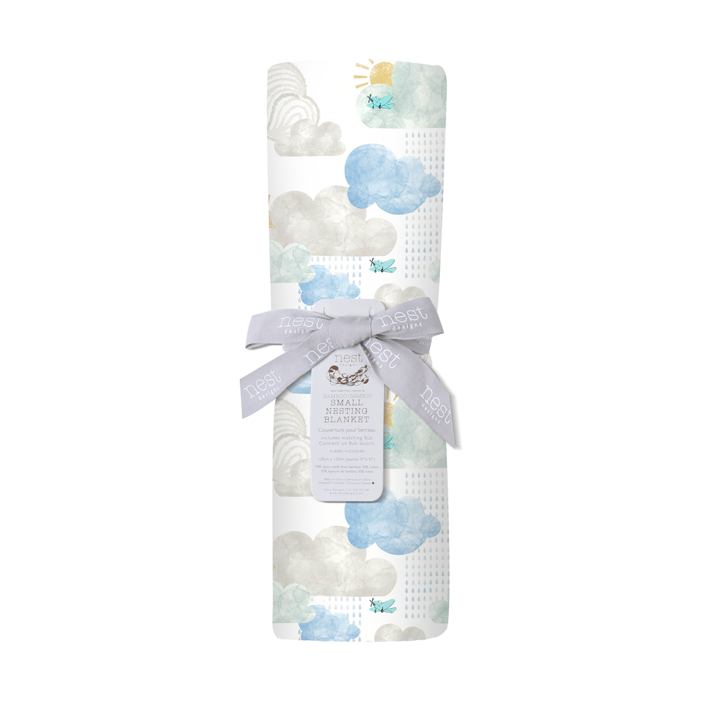NEST DESIGNS Nest Designs 4 Layer Nesting Baby Blanket Fluffy Puffs watercolor clouds birds sun print rolled with ribbon bow img 5/8